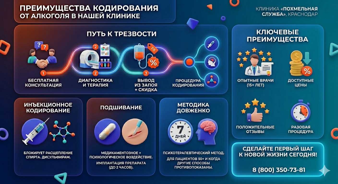 Инфографика о методах кодирования от алкоголя в Миллерово: инъекции, подшивание, метод Довженко. Преимущества клиники и этапы лечения.