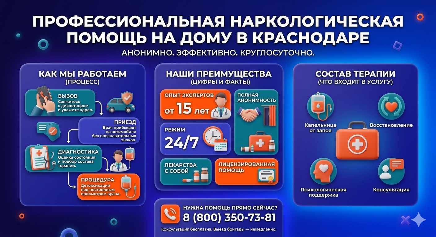 Инфографика о принципах лечения алкоголизма на дому в Миллерово: этапы вызова нарколога, преимущества анонимной детоксикации и состав медицинской помощи.